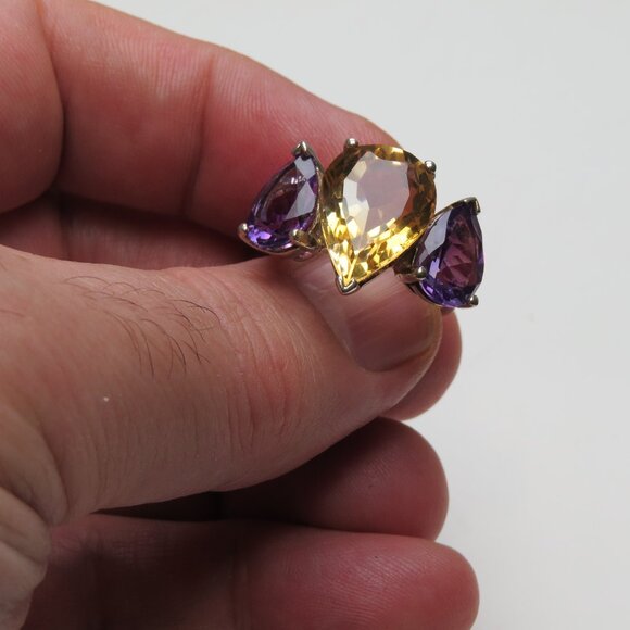 *Sterling Silver Massive Citrin Amethyst Diamond Ring - Picture 1 of 5